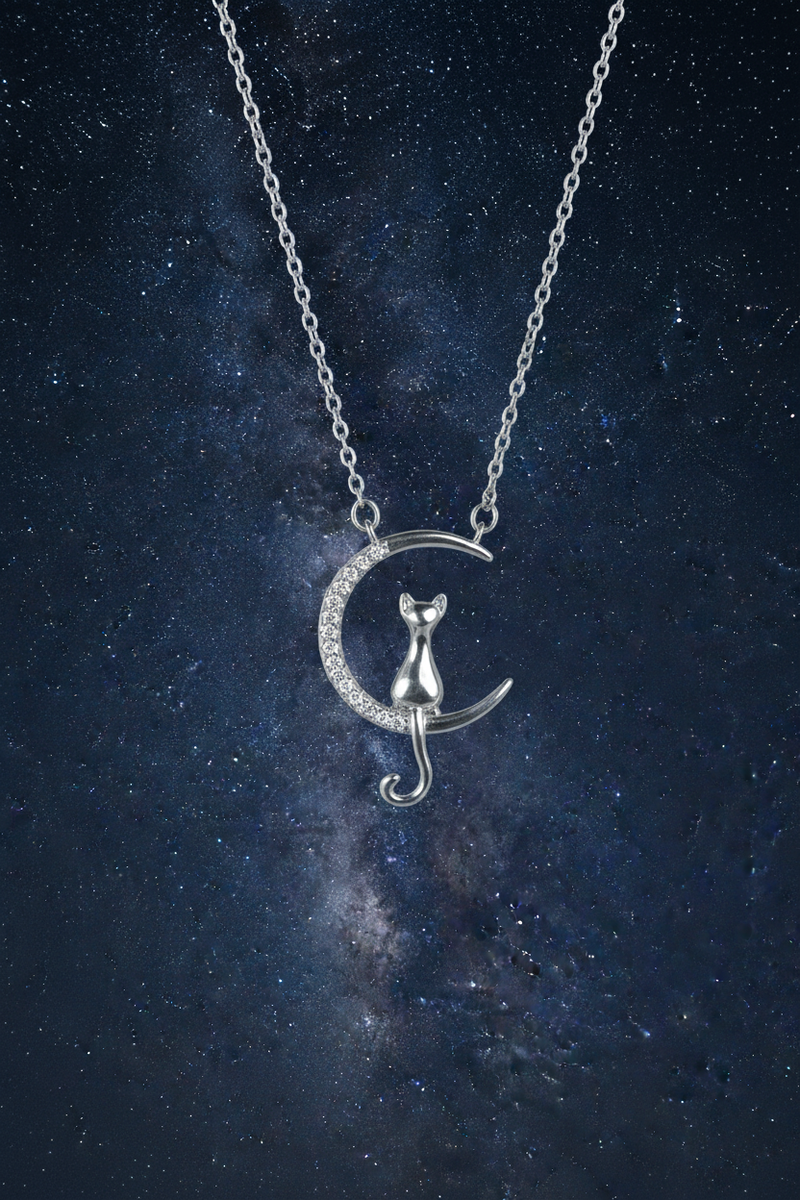925 Sterling Silver Cat Moon Necklace straight starry night sky creative shoot