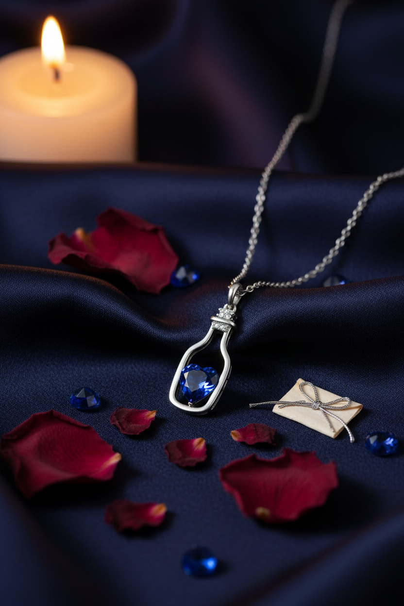 925 Sterling Silver Blue Heart Bottle Necklace love letter rose petals sapphire elegance shoot