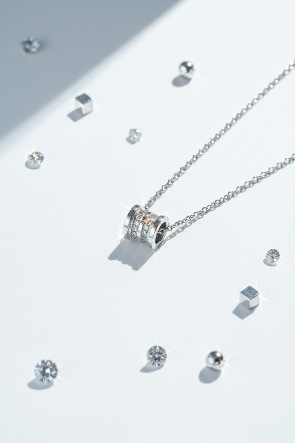 925 Sterling Silver Diamond Barrel Bead Necklace luxury editorial diamond elements shoot