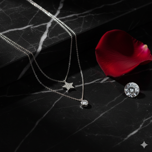Layered Star & Solitaire Necklace Set – 925 Sterling Silver