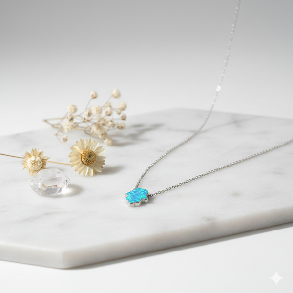 Minimalist Blue Opal Hamsa Necklace