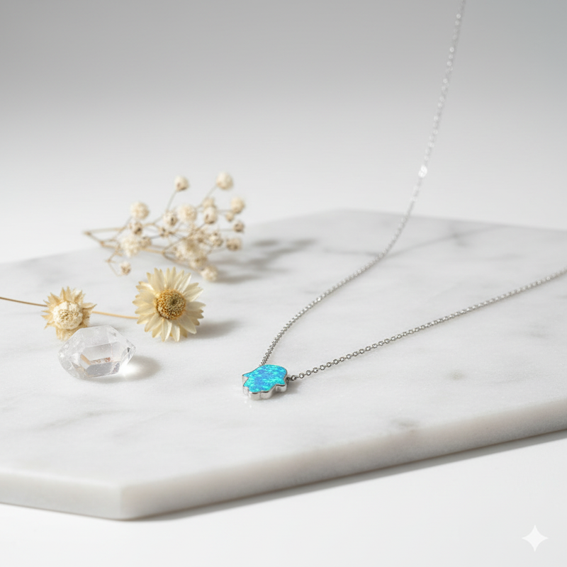 Blue Opal Hamsa Necklace – Sterling Silver 925 Hand of Fatima